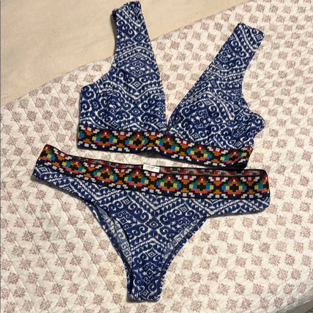Body Glove Blue Patterned Bikini Set with Colorful Waistband